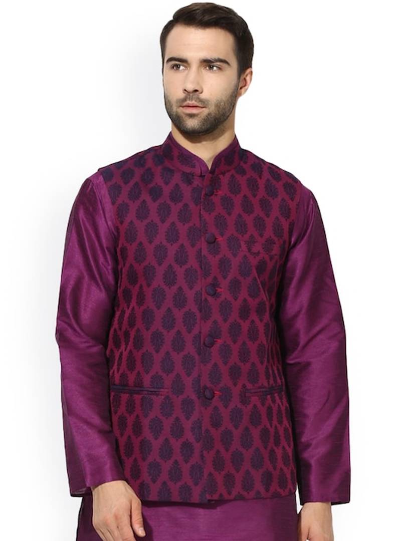 Men's Purple 
Silk Blend
 Woven Design Nehru Jackets